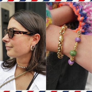 a collage of a woman wearing sunglasses and a necklace