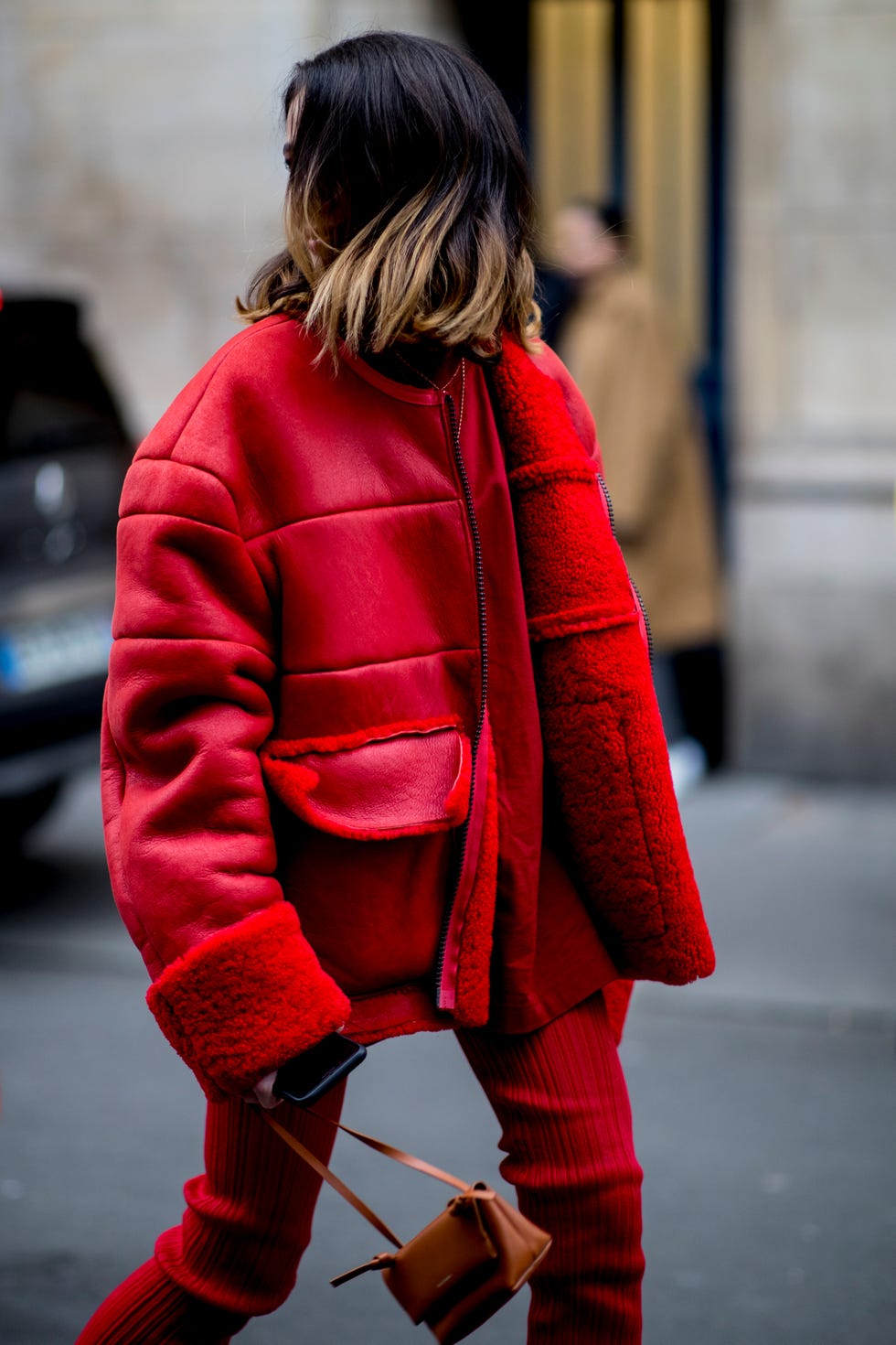 Red, Clothing, Street fashion, Outerwear, Fashion, Footwear, Maroon, Coat, Fur, Standing, 