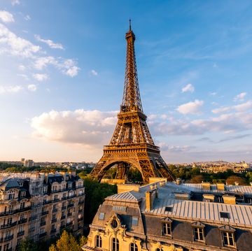 paris skyline with eiffel tower on a sunny day, wide angle view, france