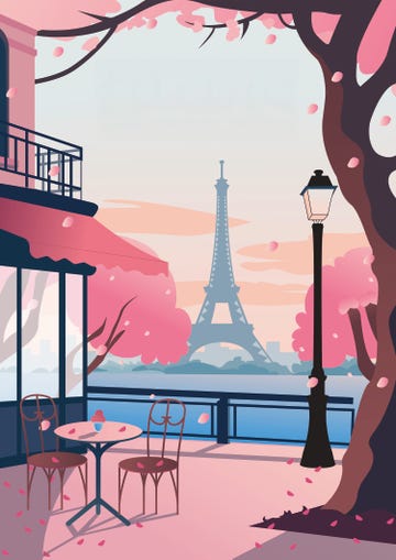 paris illustration riverside cafe and eiffel tower