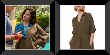 a person wearing a brown outfit and a blue scarf interacts with another individual while showing a blouse in a light setting
