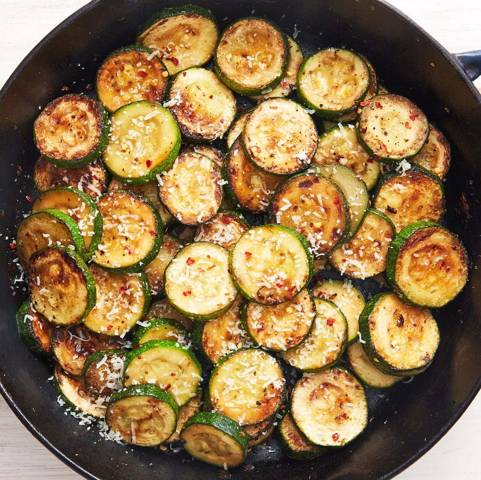 parm roasted zucchini in a cast iron skillet