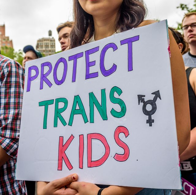 a participant holding a sign supporting trans rights during