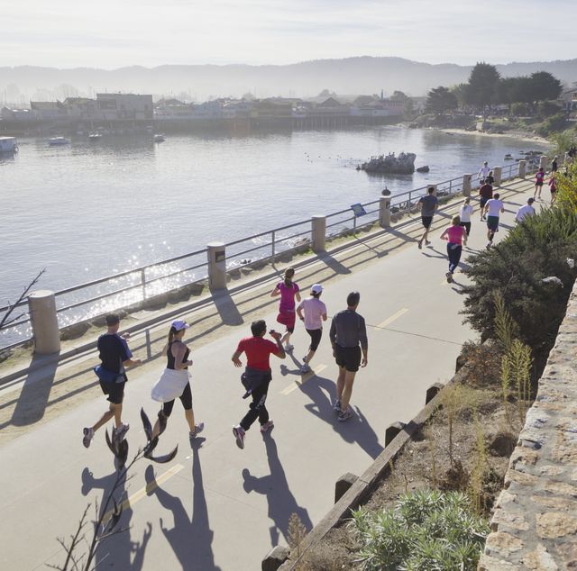 people running down paved path by water