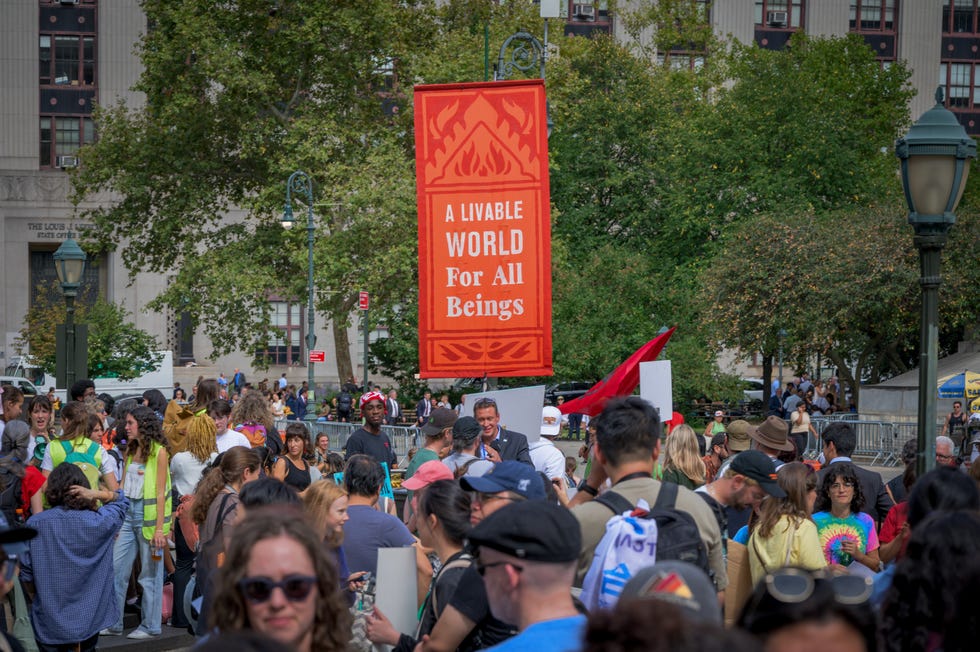 participants seen holding a banner at the protest youth