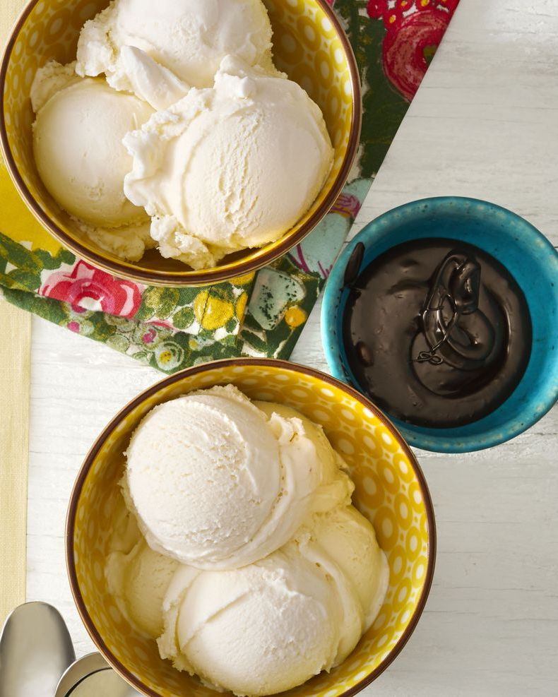 vanilla bean ice cream with hot fudge sauce in yellow and blue bowls