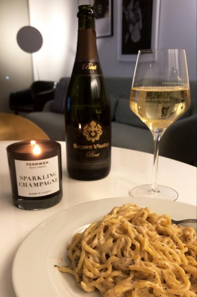 pasta dinner with champagne