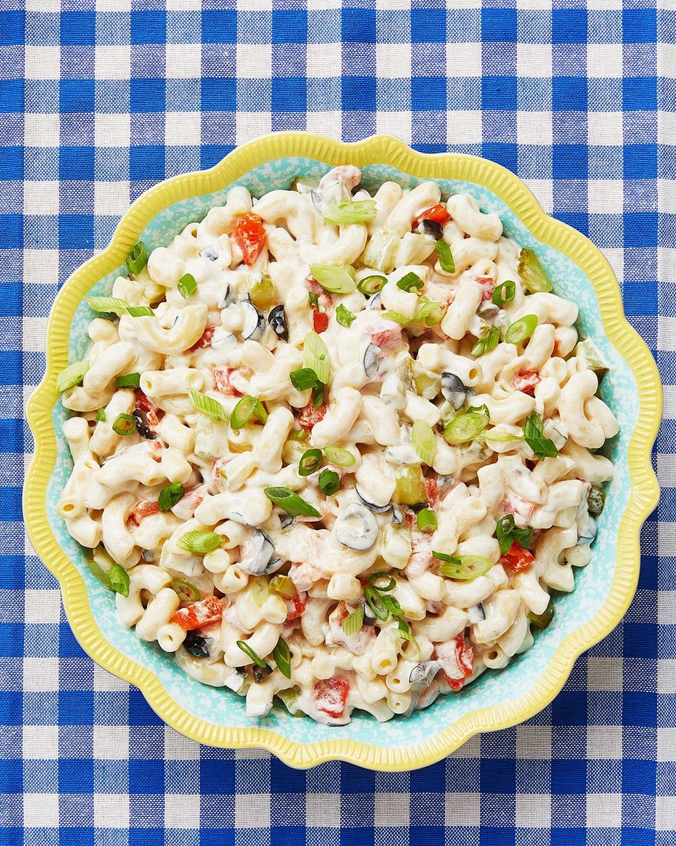 best ever macaroni salad on blue checkered linen