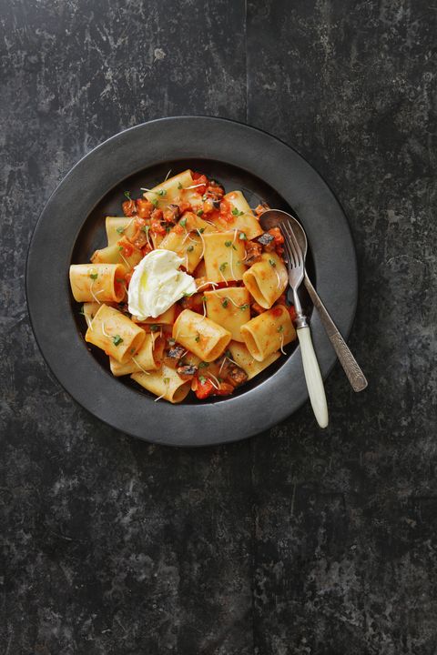 pasta with eggplant, tomato sauce and burrata