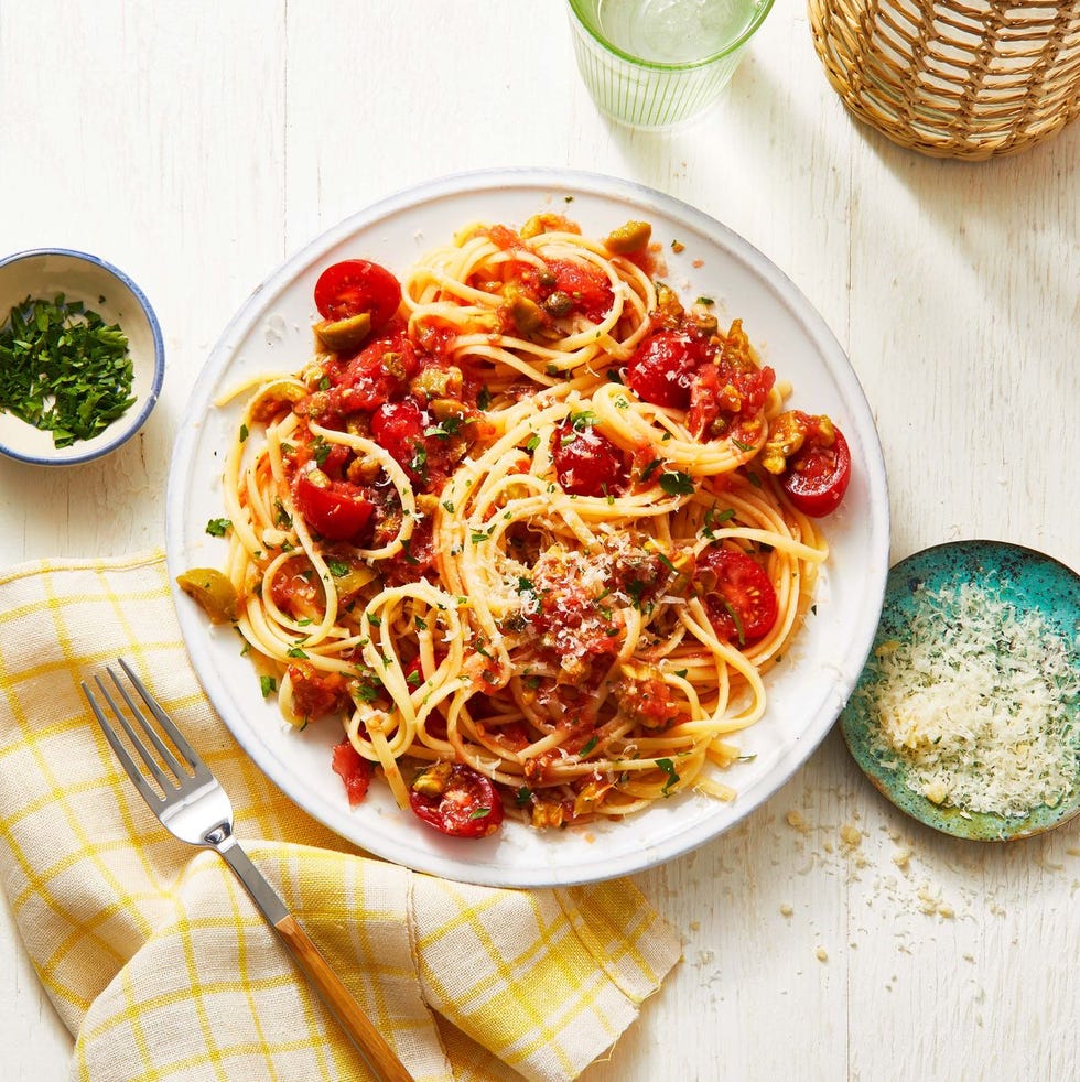 pasta with tomato sauce on a white plate