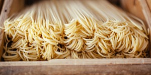 Box of fresh artisan spaghetti, Tuscany, Italy