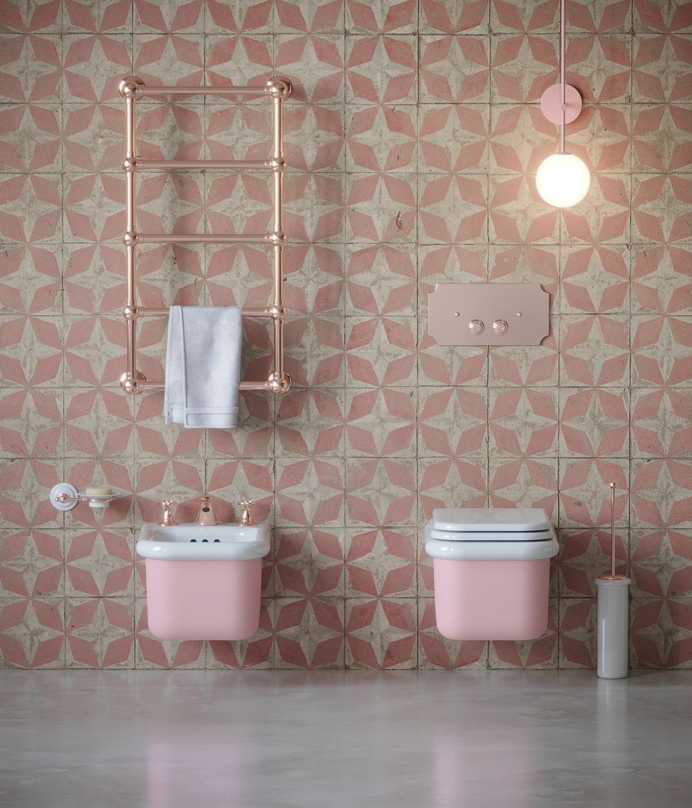 pastel pink bathroom roma wall hung wc bidet, baby pink aston matthews toilet sink tiles wes anderson style interiors