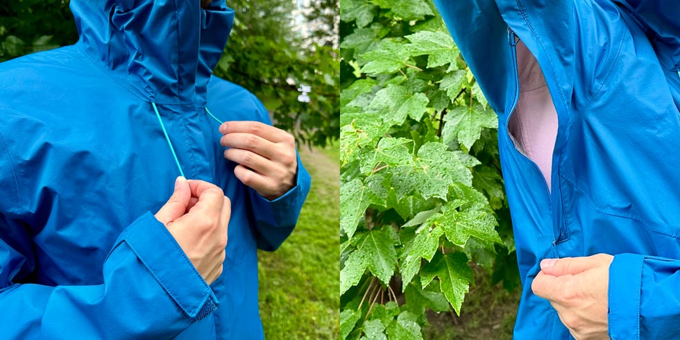 someone pulling on the draw cords of a rain jacket from patagonia and a close up of someone unzipping the pit zip of the rain jacket