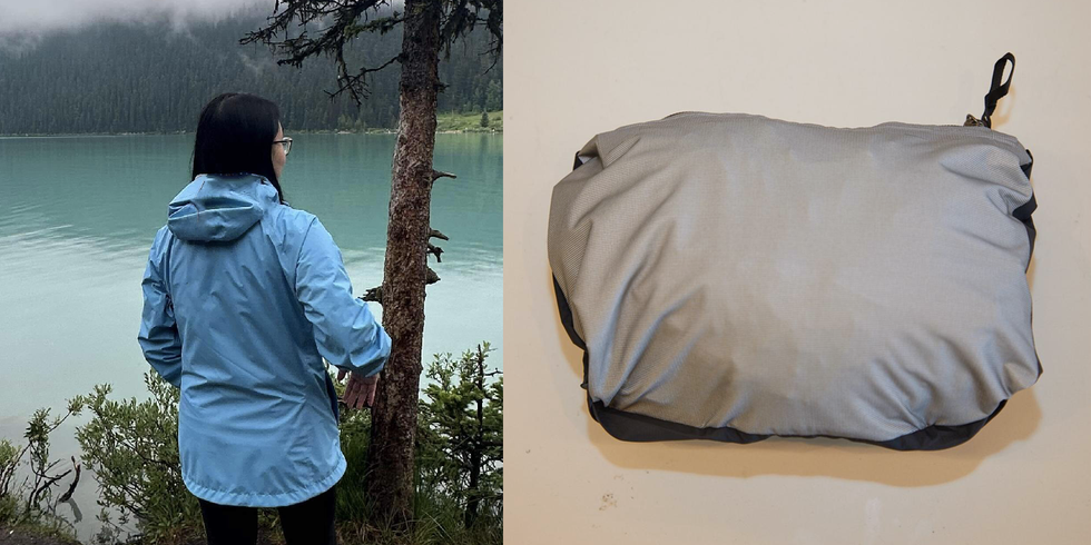 best raincoats for women - patagonia torrentshell 3L a woman modeling a patagonia torrentshell rain jacket looking over a lake and a folded rain jacket in its own pocket