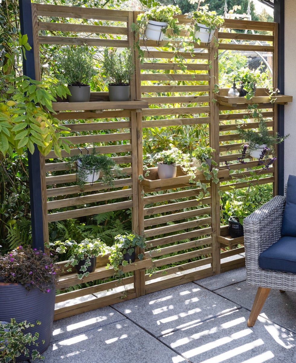 patio ideas slatted wall planter shelf