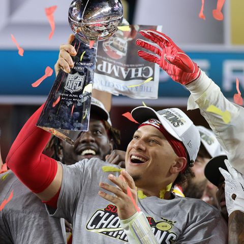 miami, florida   february 02 patrick mahomes 15 of the kansas city chiefs celebrates with the vince lombardi trophy after defeating san francisco 49ers 31 20 in super bowl liv at hard rock stadium on february 02, 2020 in miami, florida photo by rob carrgetty images