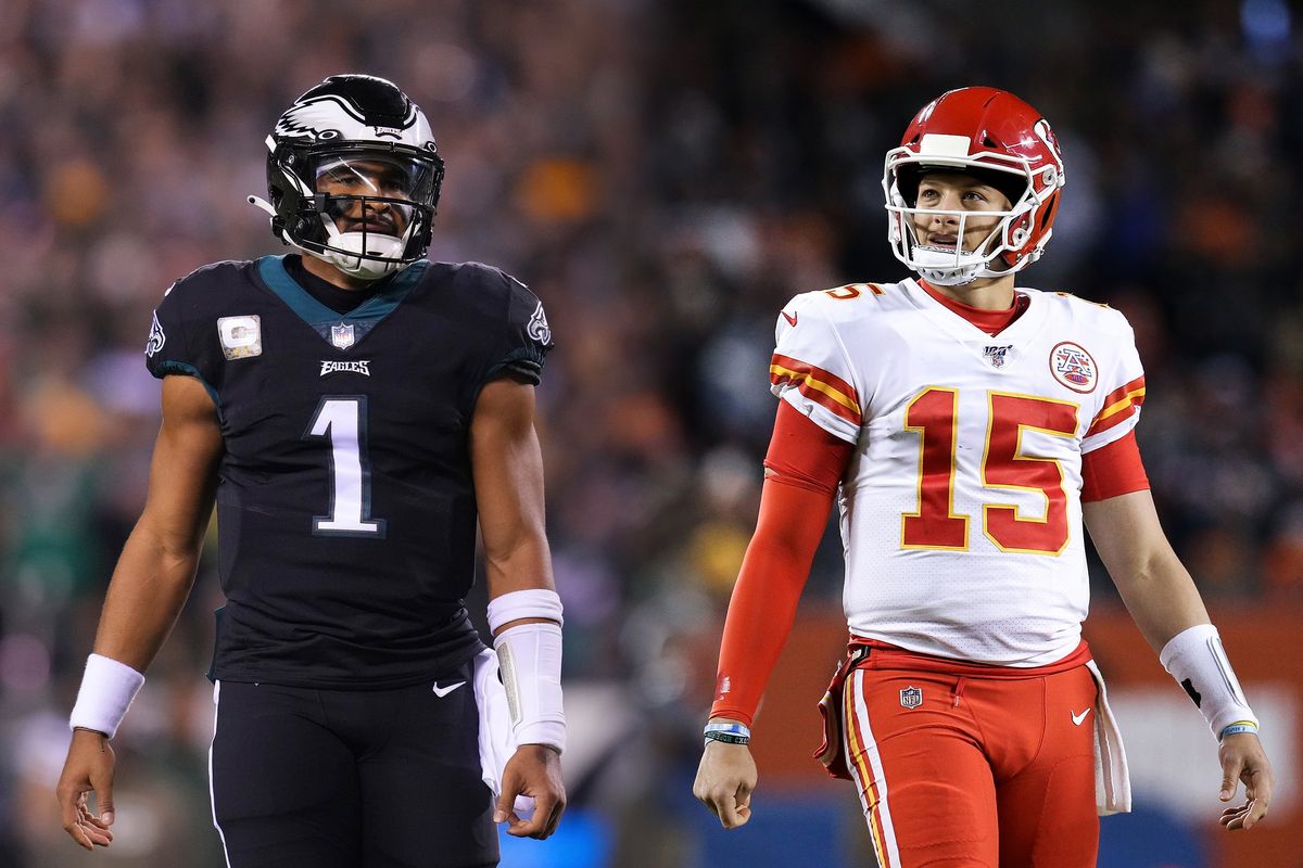 football quarterbacks jalen hurts of the philadelphia eagles and patrick mahomes of the kansas city chiefs standing side by side in a composite image