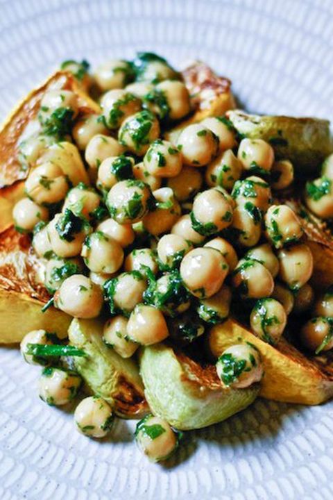 patty pan squash and herbed chickpeas on a plate