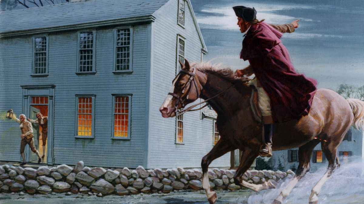 paul revere warning patriots of the impending british landings in lexington on april 18 1775 in middlesex county massachusetts illustration by ed vebell getty images