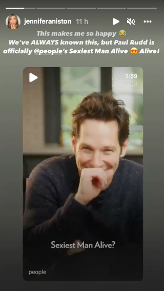 Jennifer Aniston shares adorable Instagram post about Paul Rudd, image size:320x568