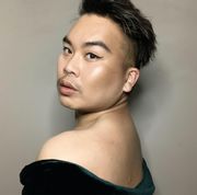 portrait of poet paul tran next to the cover of their new book all the flowers kneeling