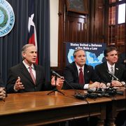 austin, tx    february 18  texas governor greg abbott 2nd l speaks alongside us sen ted cruz r tx l, attorney general ken paxton 2nd r, lieutenant governor dan patrick r hold a joint press conference february 18, 2015 in austin, texas  the press conference addressed the united states district court for the southern district of texas' decision on the lawsuit filed by a texas led coalition of 26 states challenging president obama's executive action on immigration  photo by erich schlegelgetty images