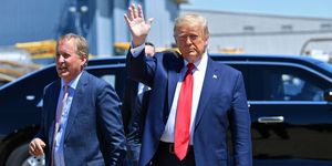 us president donald trump waves upon arrival, alongside  attorney general of texas ken paxton l in dallas, texas, on june 11, 2020, where he will host a roundtable with faith leaders and small business owners photo by nicholas kamm  afp photo by nicholas kammafp via getty images