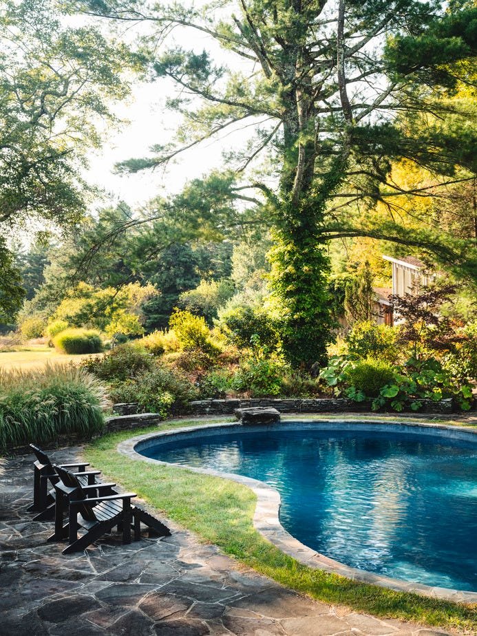 woodstock\, new york farmhouse designed by melissa anderson of oad interiors. backyard. pool.