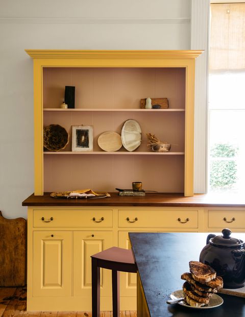 Shelf, Furniture, Room, Hutch, Cabinetry, Shelving, Yellow, Cupboard, Interior design, Kitchen, 