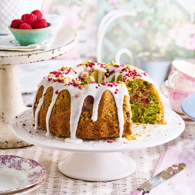 pea, raspberry and pistachio bundt cake