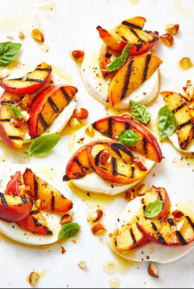grilled peach caprese salad with basil and fresh mozzarella