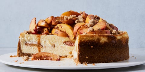 cheesecake with peach cobbler topping