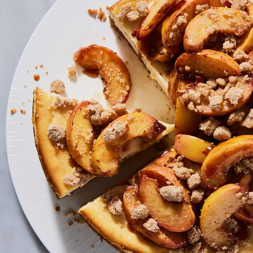 cheesecake with peach cobbler topping
