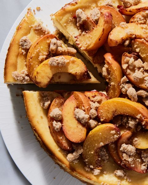 cheesecake with peach cobbler topping