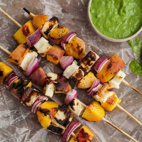 Grilled Peach and Haloumi Skewers with Basil Jalapeno Sauce