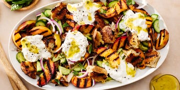 grilled peaches and sourdough bread tossed with mustard vinaigrette and served with creamy burrata cheese