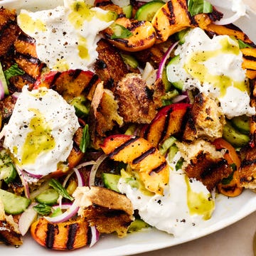 Grilled Peach Panzanella w/ Burrata grilled peaches and sourdough bread tossed with mustard vinaigrette and served with creamy burrata cheese