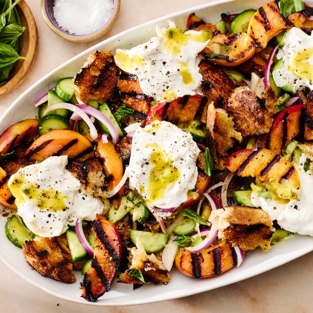 Grilled Peach Panzanella w/ Burrata grilled peaches and sourdough bread tossed with mustard vinaigrette and served with creamy burrata cheese