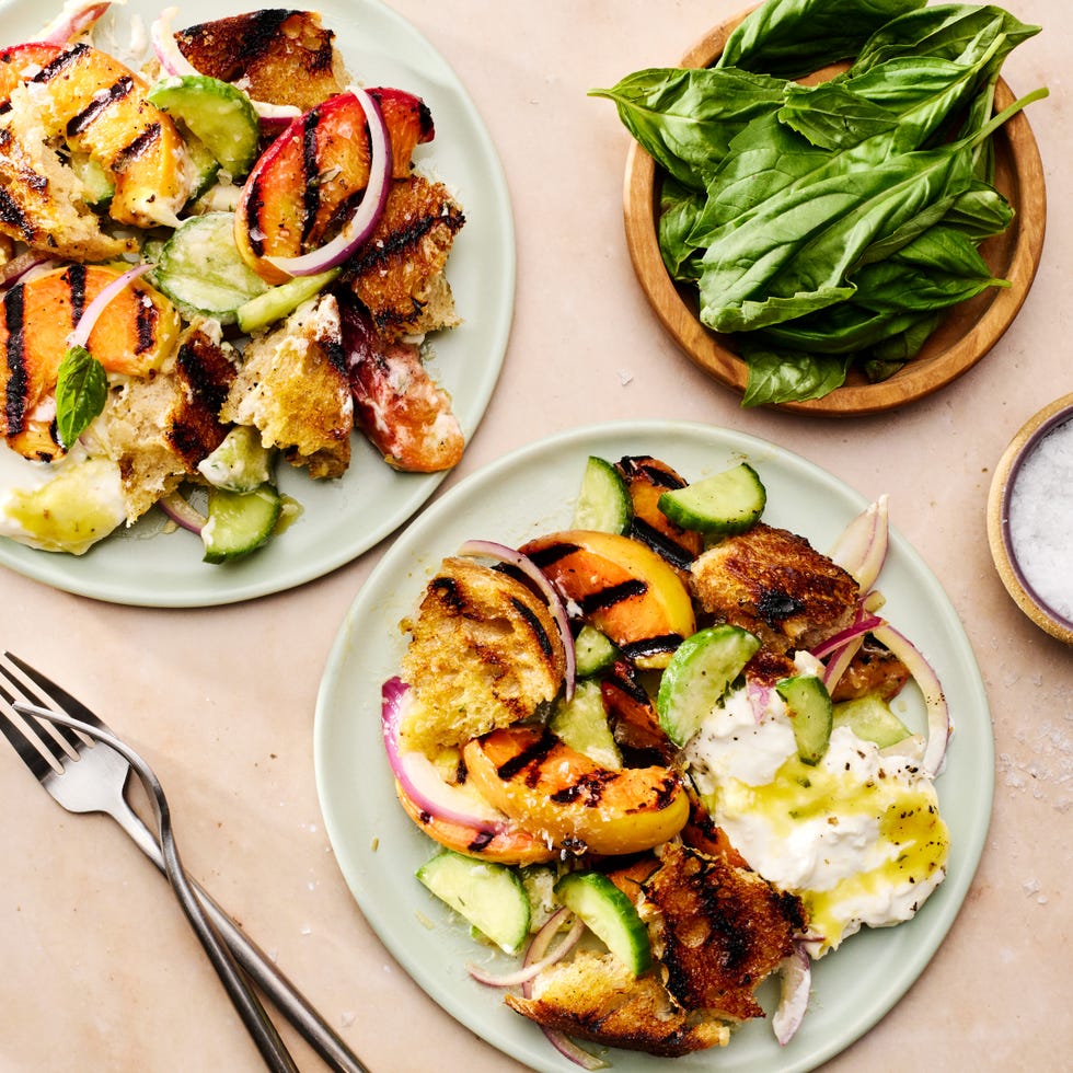grilled peaches and sourdough bread tossed with mustard vinaigrette and served with creamy burrata cheese