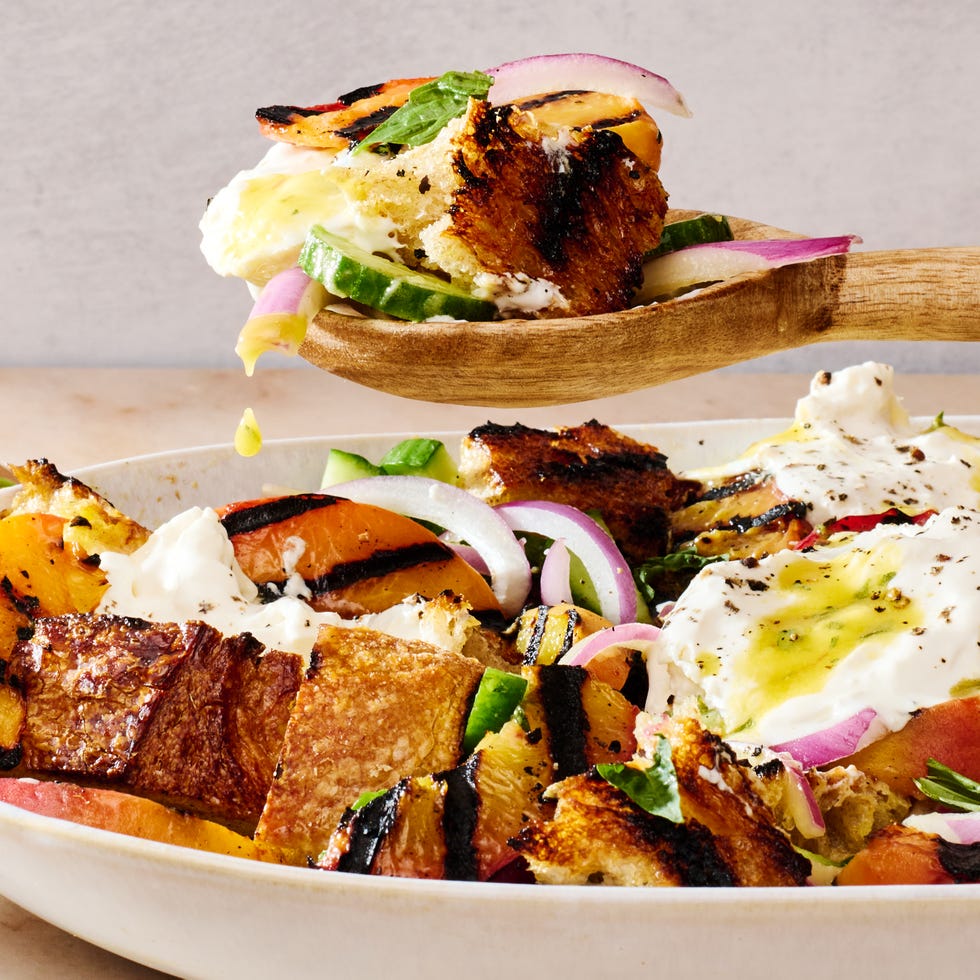 grilled peaches and sourdough bread tossed with mustard vinaigrette and served with creamy burrata cheese