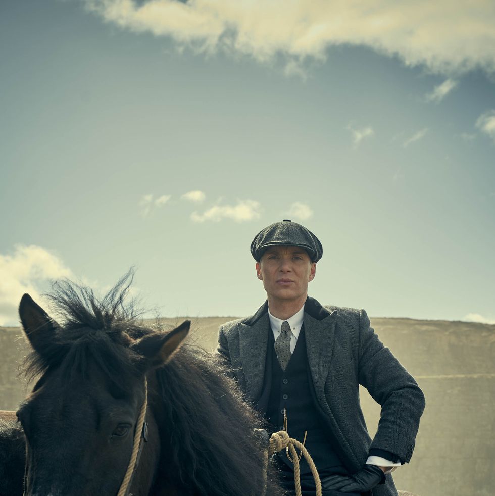 cillian murphy, in character as tommy shelby, sits on a horse in a scene from peaky blinders series 6