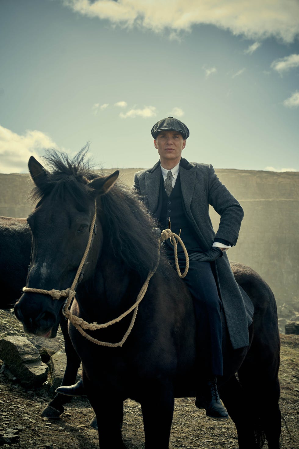 cillian murphy, in character as tommy shelby, sits on a horse in a scene from peaky blinders series 6