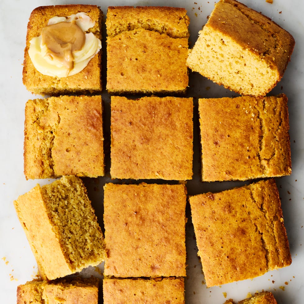 cornbread slices topped with butter and a honey peanut butter