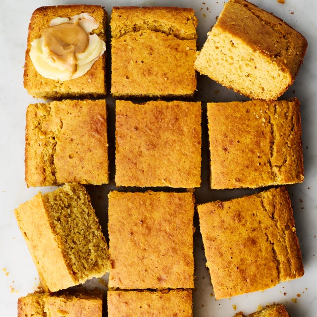 Peanut Butter Honey Cornbread cornbread slices topped with butter and a honey peanut butter