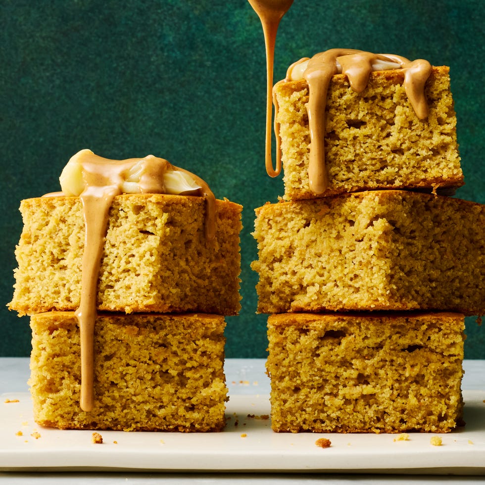 cornbread slices topped with butter and a honey peanut butter