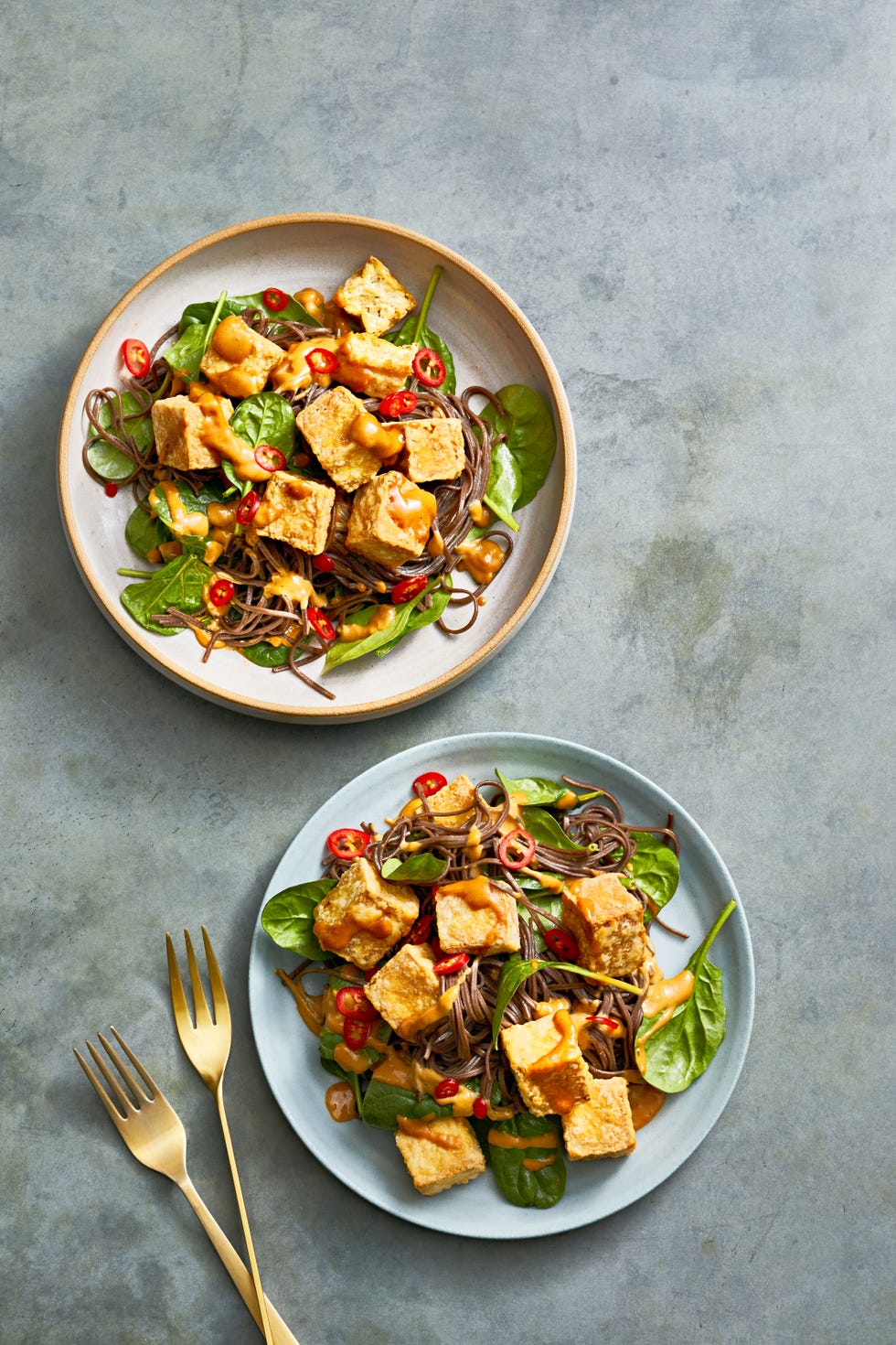 two plates with protein, soba noodles and spinach