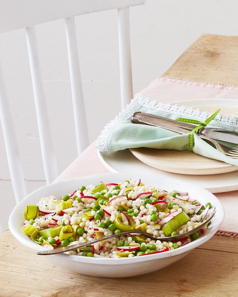 pearl couscous with leeks peas, and radishes