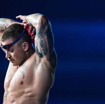 doha, qatar february 11 adam peaty of team great britain answers to an interview following the men's 100m breaststroke semifianls on day ten of the doha 2024 world aquatics championships at aspire dome on february 11, 2024 in doha, qatar photo by shi tanggetty images