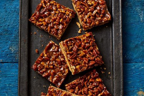 pecan pie bars on a sheet tray