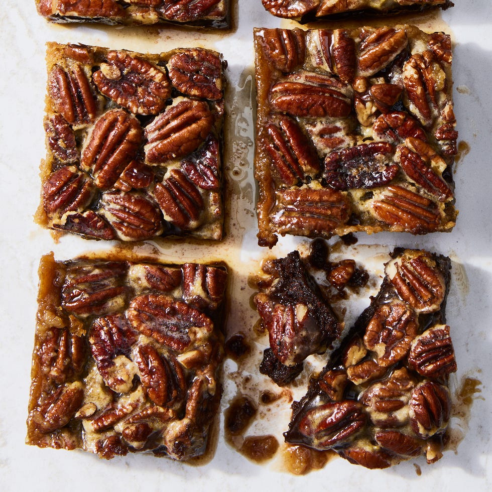 brownies with a pecan pie topping and caramel drizzle